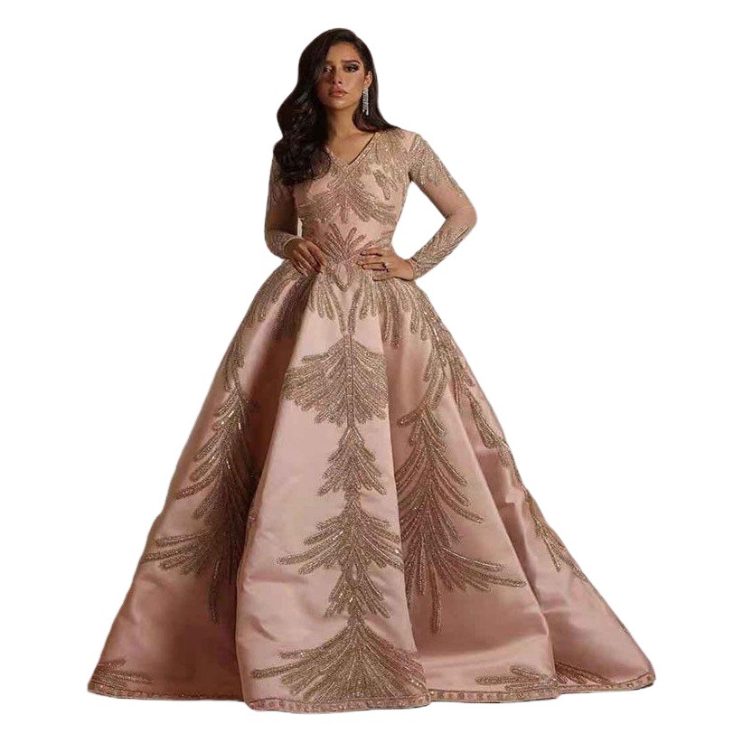 Vestido Largo con Estampado Dorado, Estilo Europeo y Americano, Primavera 2025, para Mujer, Comercio Exterior, Plataforma Independiente, Vestido de Noche Sexy para Banquetes, Color Rosa