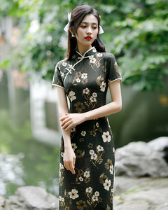 Dark green flowers Cheongsam Chinese dress for women oriental retro qipao dress cotton linen student performance photo cheongsam