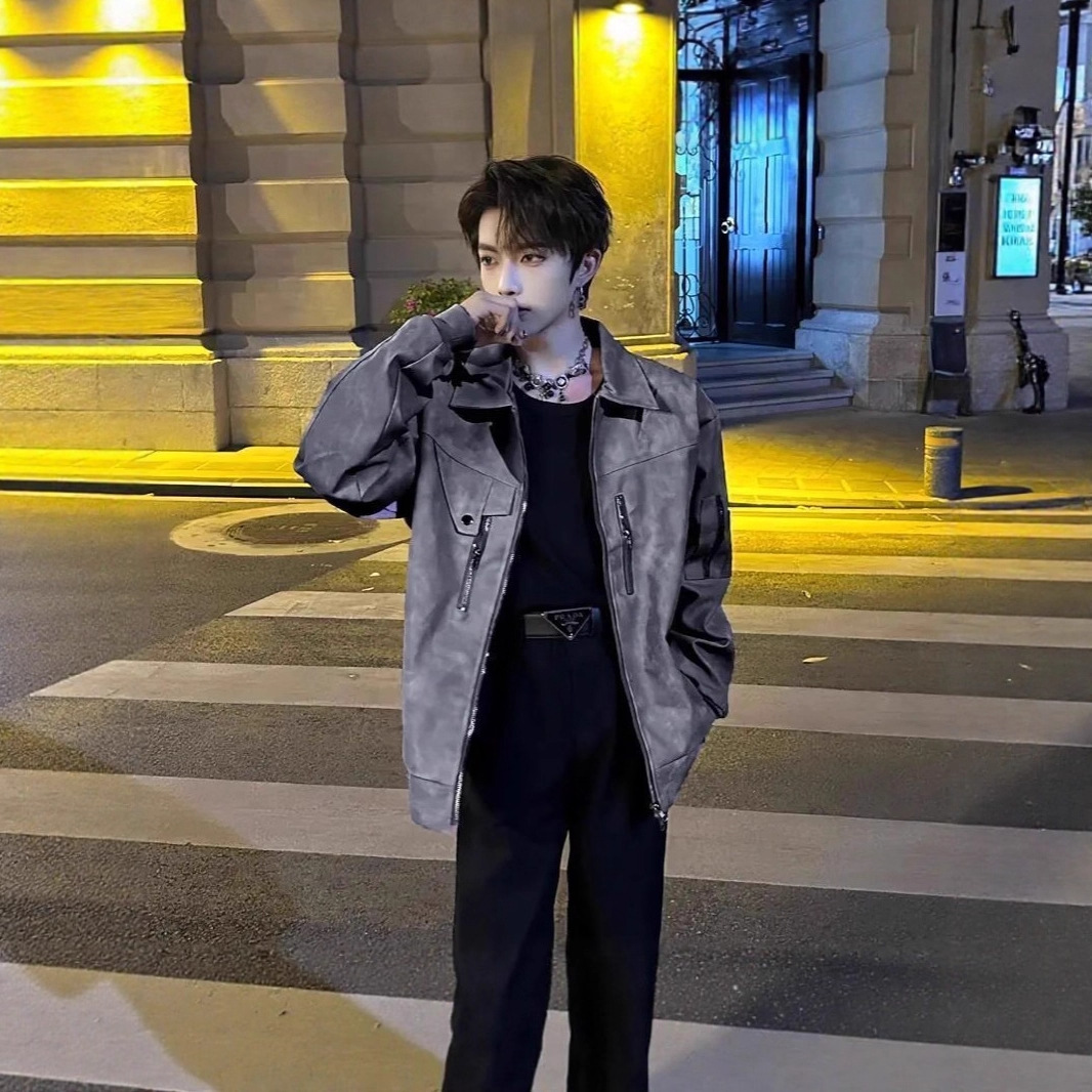 秋冬季韩式高级感外套美式皮衣夹克套装男搭配休闲长裤