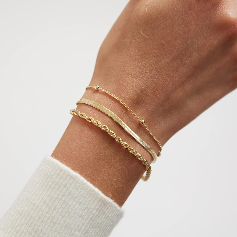 Women's Gold Bracelet 14K Set Herringbone Twisted Rope Chain Paperclip Bracelet Holiday Gift Irregular Design