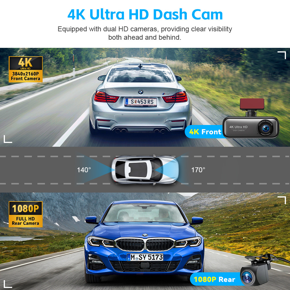 4K Ultra-High Definition Dual-Recording Dash Cam with Wifi, Mobile Phone Connectivity, Gps Tracking, and Parking Monitoring