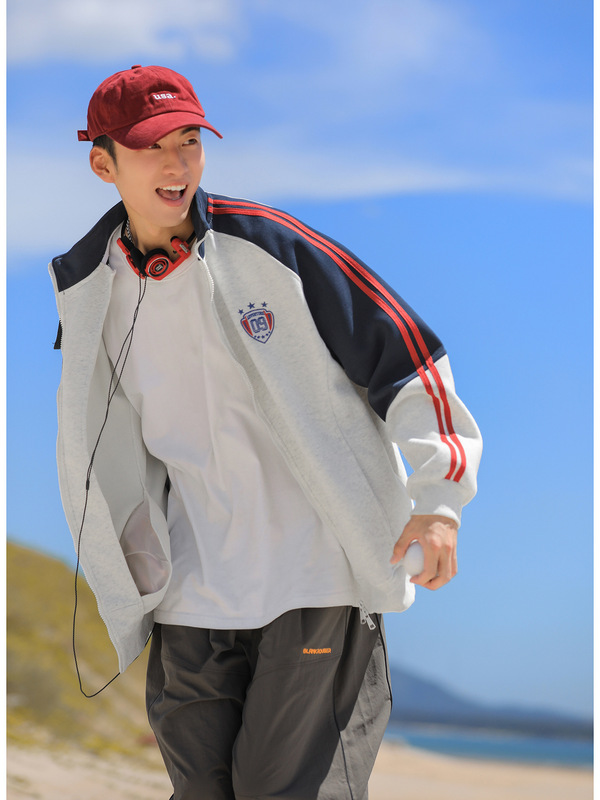 美式撞色插肩袖开衫卫衣男秋季潮牌宽松立领棒球服情侣运动风外套|undefined