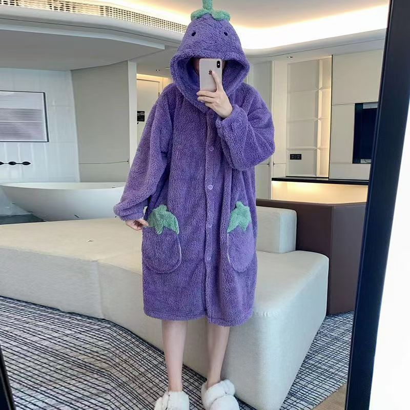 艾莎の王女のパジャマの女性の冬のサンゴのベルベットは厚い保温のフランネルの中の長いタイプの帽子の冬の寝衣をプラスします。|undefined