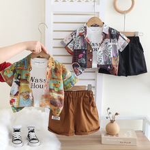 男童短袖衬衫套装2025新款复古油画风花卉满印衬衫短袖短裤三件套