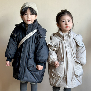 Children's Mid-length Winter Coat fleece-lined Thickened Warm Cotton-padded Jacket for Boys and Girls New Korean Baby Hooded Cotton-padded Jacket
