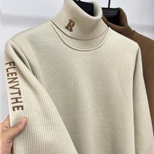 潮牌刺绣可翻高领卫衣男秋冬季加绒加厚修身针织打底衫男保暖上衣