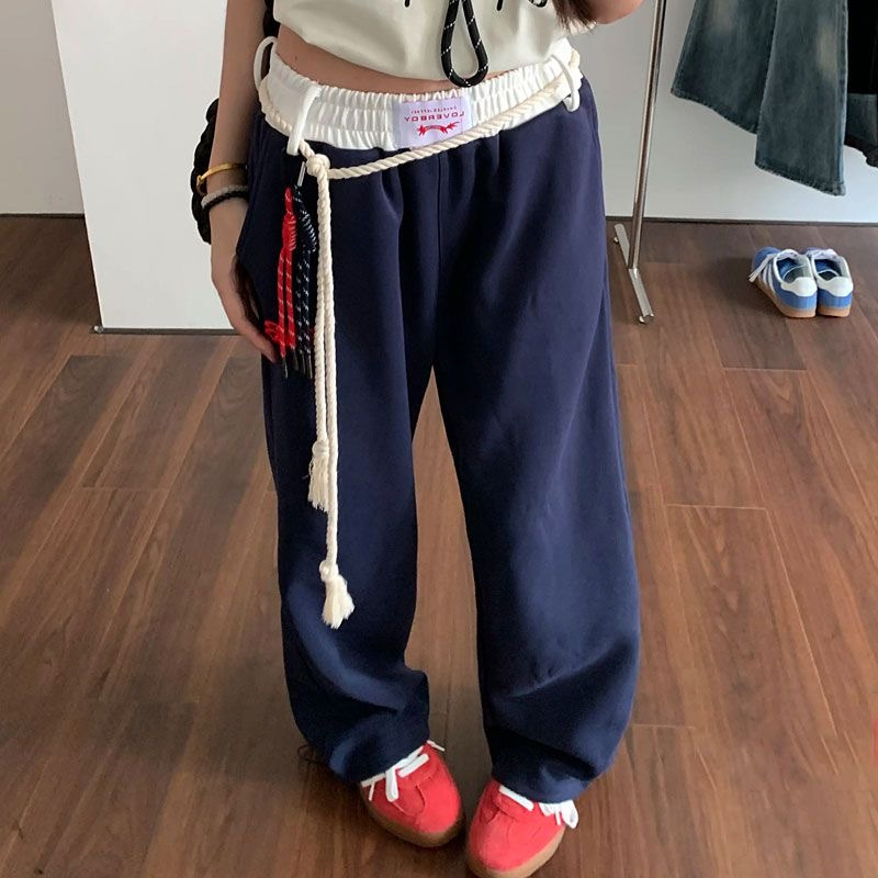 navy blue Vintage Casual Straight Pants Sweatpants Women's Autumn and Winter New Stitching Waist Sports Pants Loose Wide-leg Pants