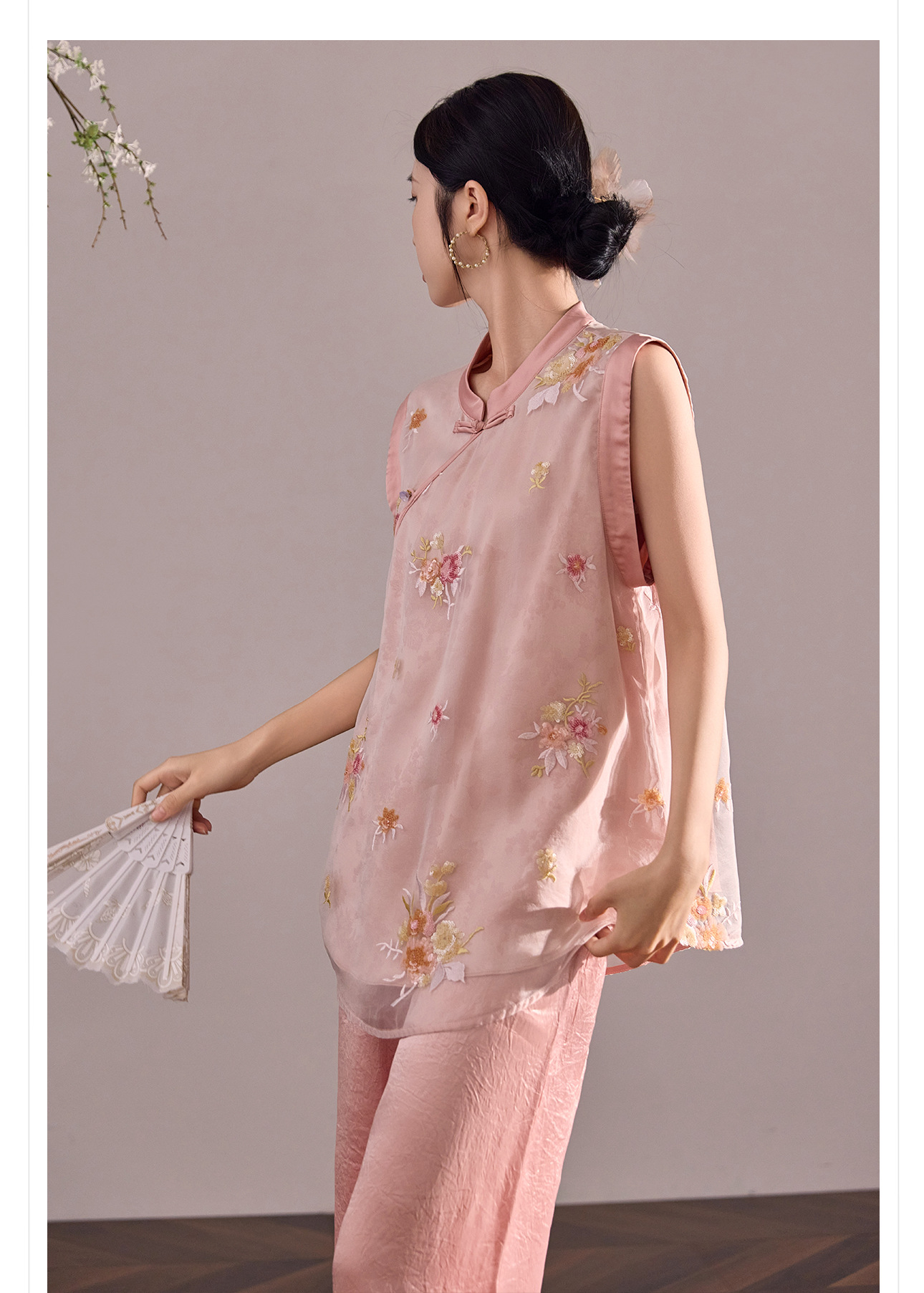 Áo vest lụa tằm thêu hoa phong cách Trung Quốc mới, thiết kế mỏng mùa hè M4007B — màu hồng chi tiết 12