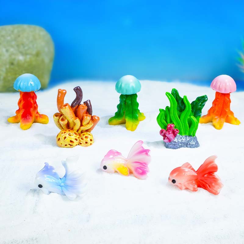 Simulación mundo submarino vida marina decoraciones de paisajismo resina medusa pez mariposa muñeca pecera arrecife de coral
