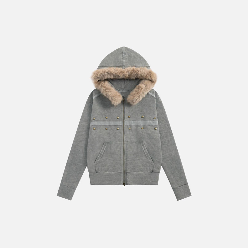 Autumn and Winter Men's and Women's American Aesthetic Retro Beaded Design Crop Ins Style Fur Collar Lazy Casual Sweatshirt Autumn and Winter Men's and Women's American Aesthetic Retro Beaded Design Crop Ins Style Fur Collar Lazy Casual Sweatshirt