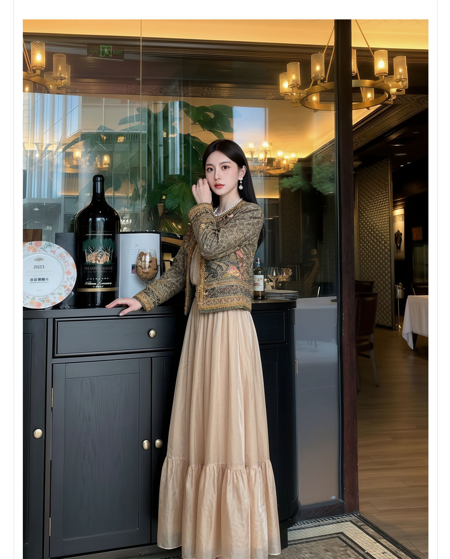 Bộ váy áo khoác + đầm maxi thắt eo phong cách Tân Trung Hoa, họa tiết jacquard nổi bật — nửa váy, Trang chủ, áo khoác chi tiết 5