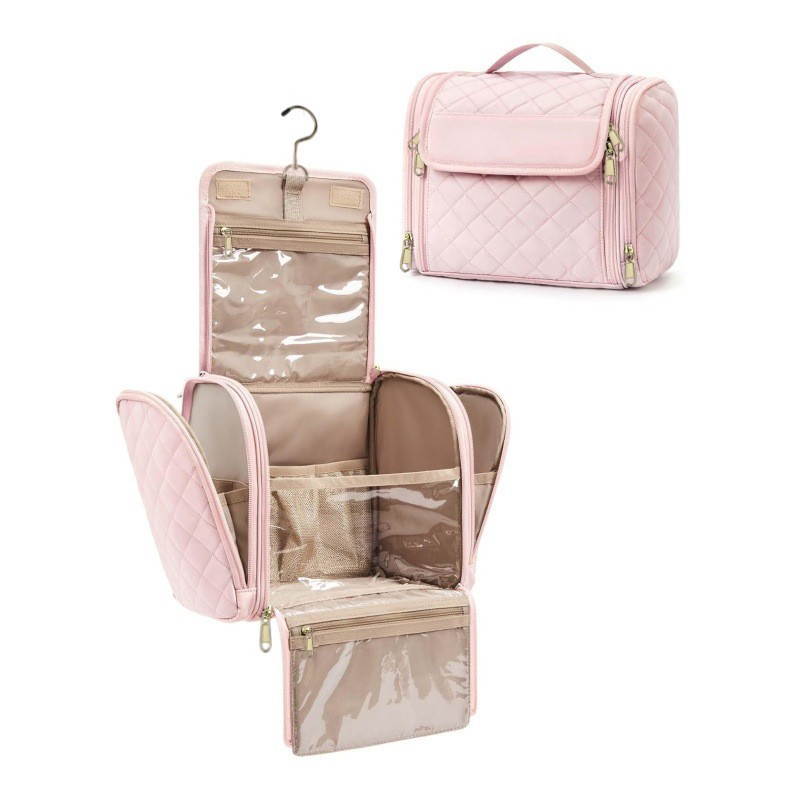 Ready-Made Toiletry Bag, Travel Cosmetic Bag with Hook, Waterproof Toiletries Accessories, Brush Sponge with Handle and Hook