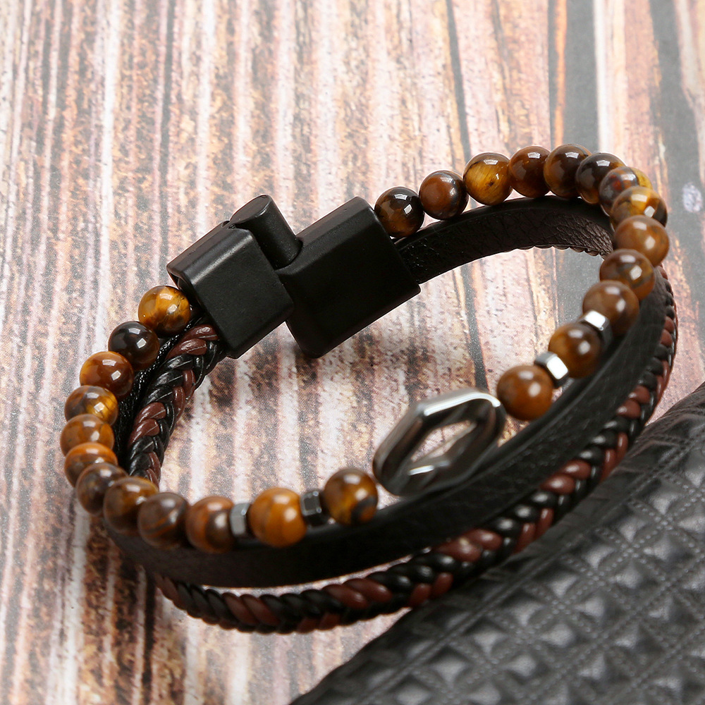 Herrenarmband Aus Leder Und Tigerauge Mit Magnetverschluss_voghion.com