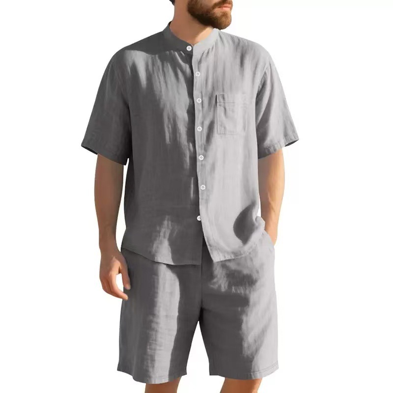 2026 Summer Cross-Border Amazon 3D Casual Breathable Linen Men's Henry American Style Button-Down Stand Collar Short-Sleeve Shirt