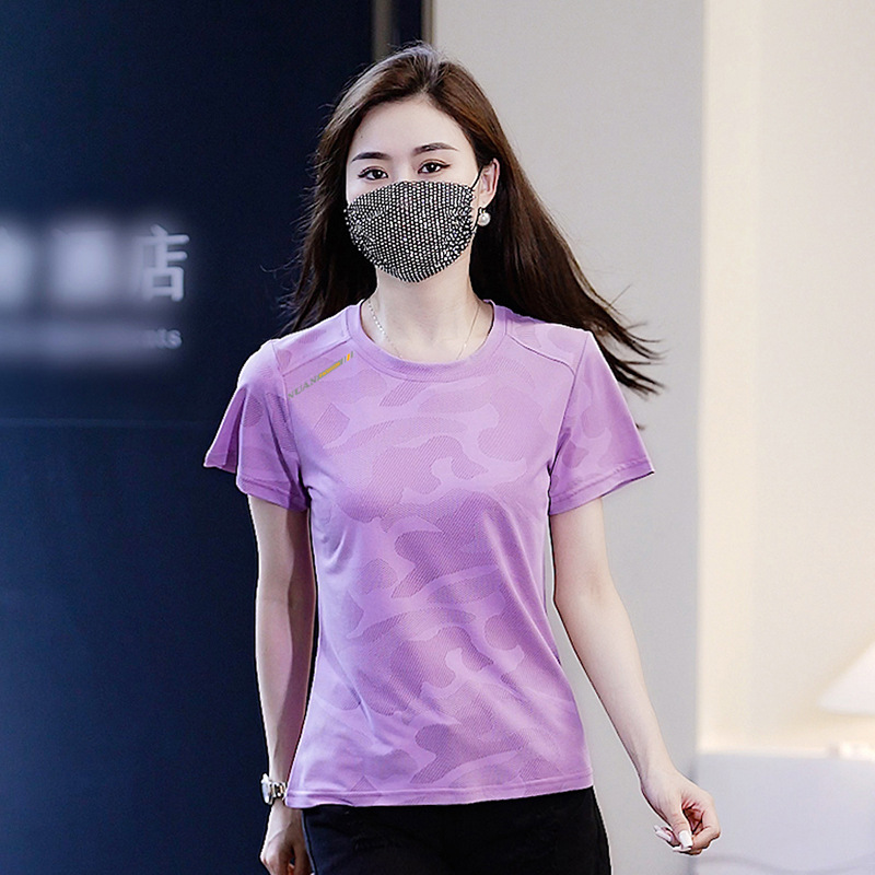 Fashion Ice Silk Short-sleeved T-shirt Women's Summer Quick-drying Fitness Top Loose Large Size Outdoor Round Neck Running Sportswear