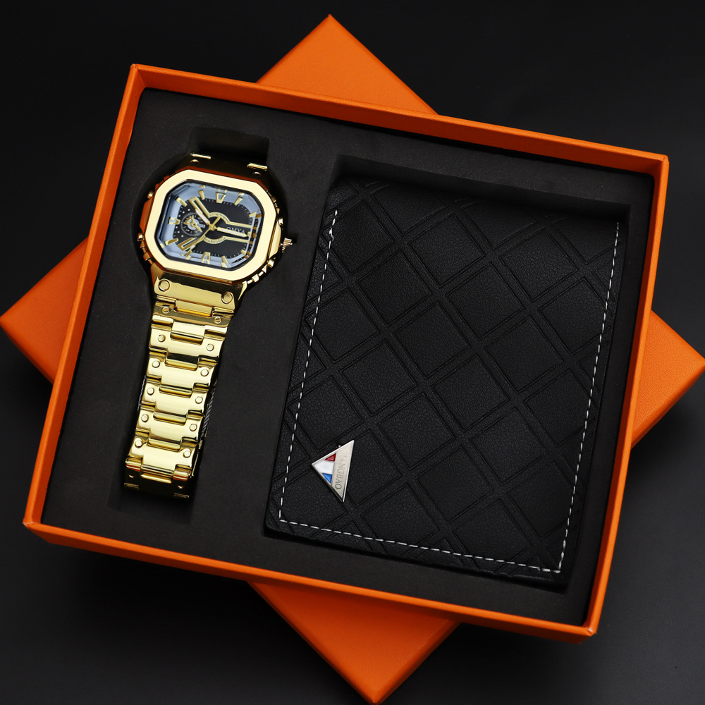 Fashionable Men's Wallet Gift Set Waterproof Quartz Calendar Stainless Steel Strap Watch_voghion.com