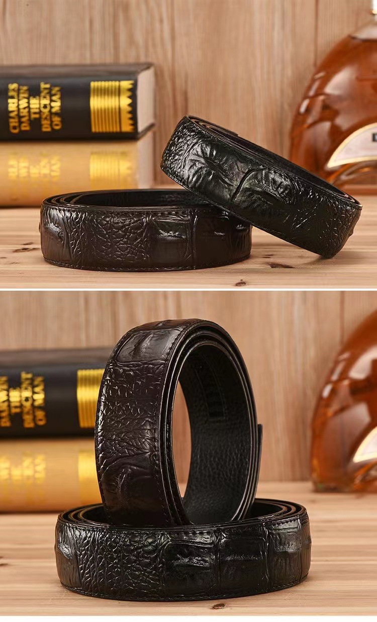 Piper Men's New Belt Without Head, Cowhide Crocodile Pattern Belt with Smooth Buckle and Perforated Pure Belt_voghion.com