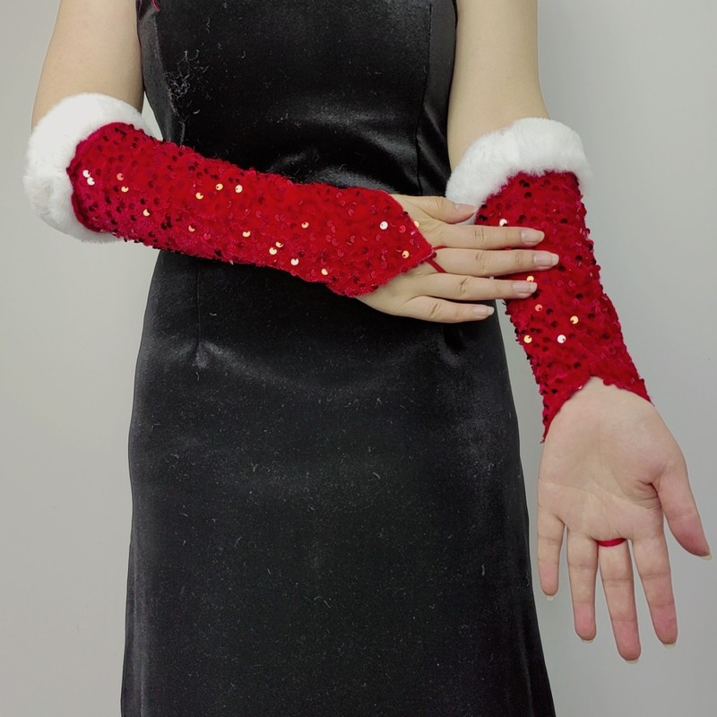新年レッドパーティーフィンガーレススパンコールベルベット手袋クリスマス手袋コスプレ衣装アクセサリー暖かい|undefined