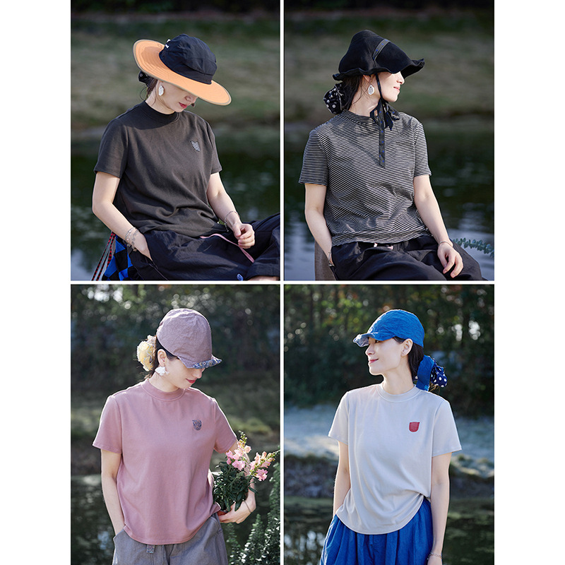 Artistic and Minimalist Four-Color Elastic Round-Neck Loose Pullover T-Shirt, Lightweight and Cool Short-Sleeve T-Shirt for Summer 5036