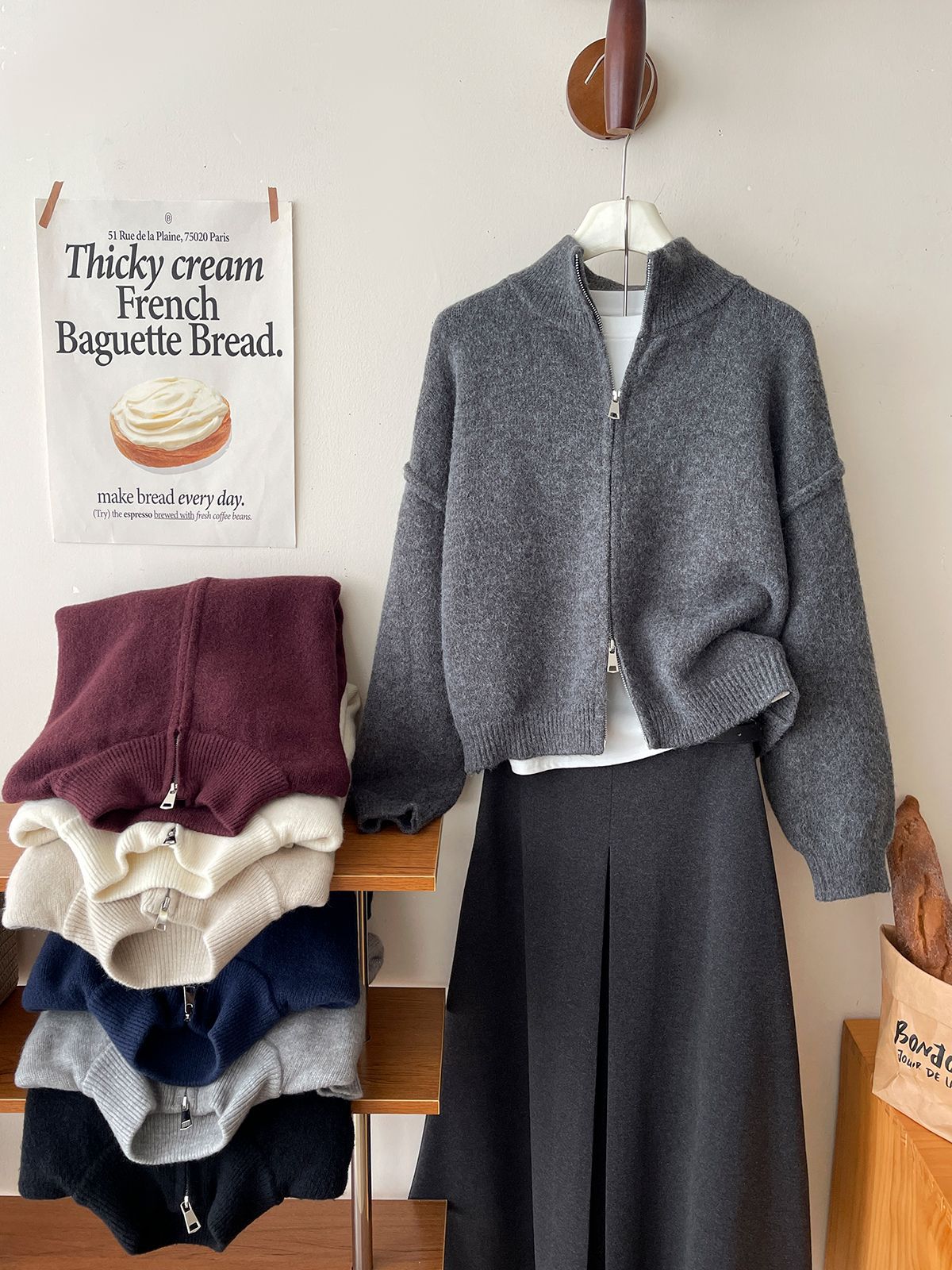 日韩系复古双拉链外穿毛衣外套女秋冬氛围感翻领休闲百搭针织开衫