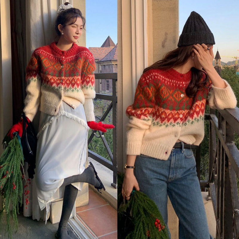 Autumn and Winter Festive Atmosphere Heavy Retro Fair Isle Wool Diamond Round Neck Contrasting Color Warm Cardigan Jacket Sweater