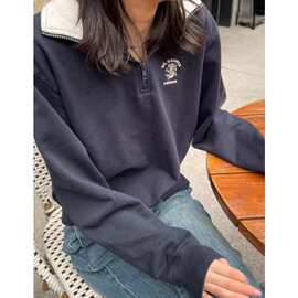 BM风新款美式复古ST龙刺绣翻领半拉链宽松卫衣女外套bm套头上衣秋