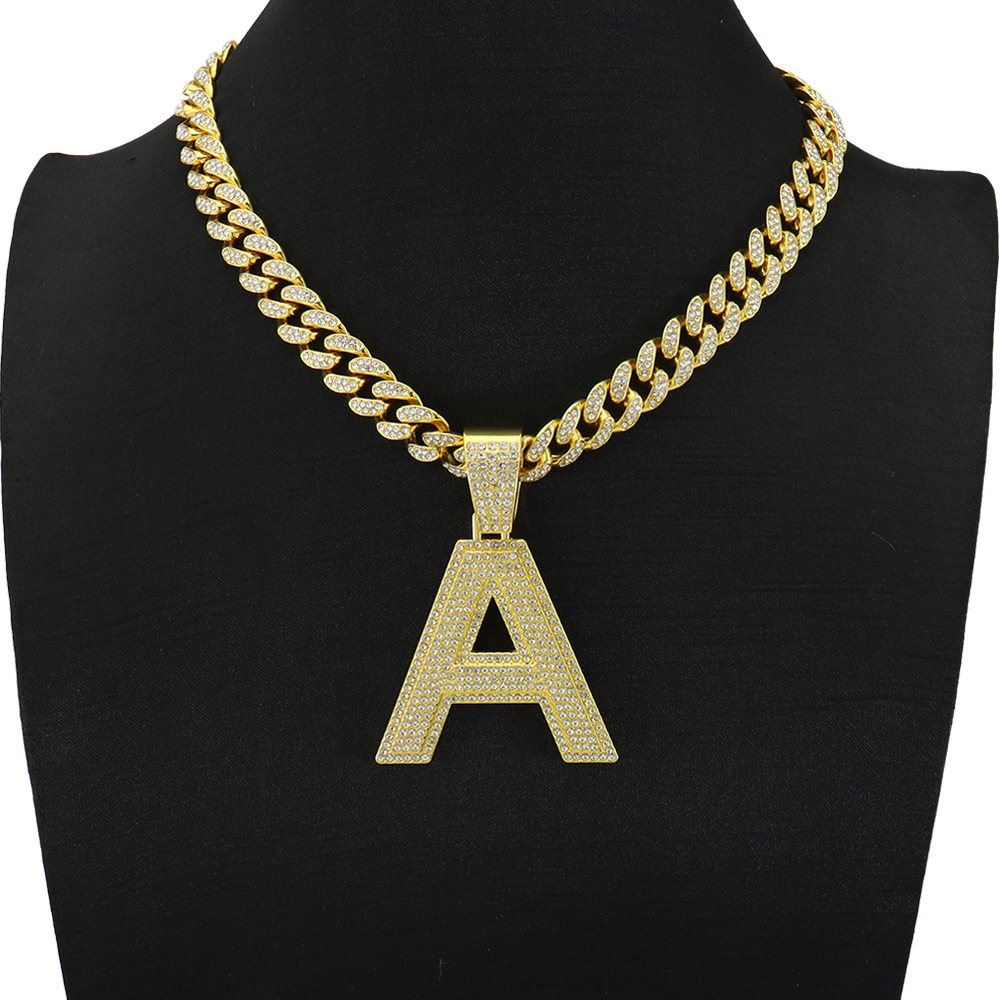 Rhinestones Inlay Material Full Diamond Capital English Letter A Pendant Cuban Link Chain Necklace Men's Cool Hip Hop Style Disco Hip Hop Clavicle Chain