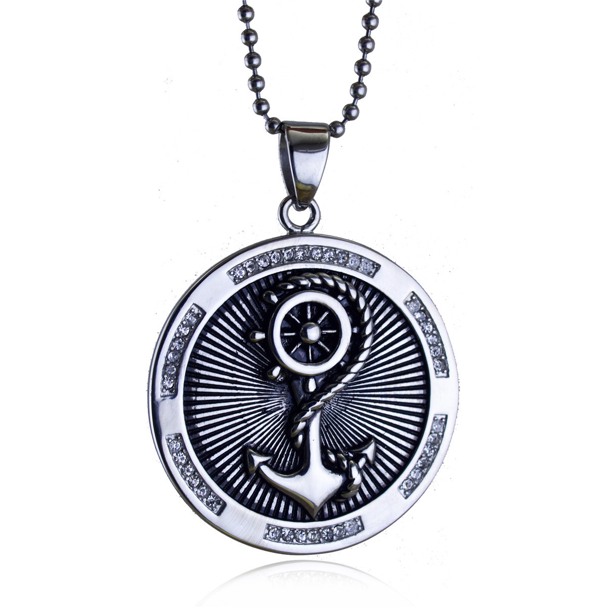 欧美新品不锈钢船锚圆牌吊坠项链镶钻钛钢吊牌时尚饰品批发QN1287