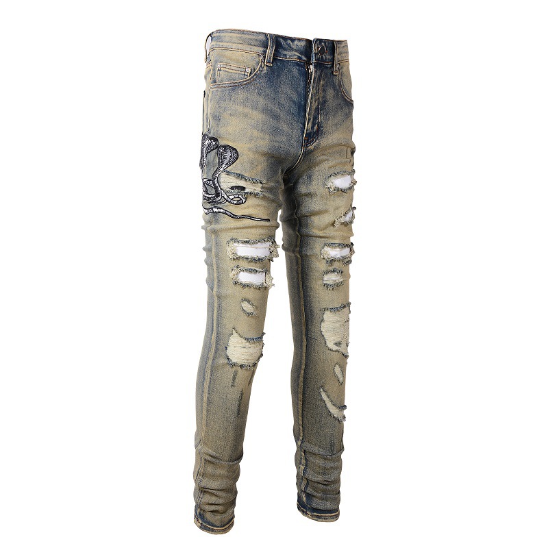 Men's Clothing high street embroidered men's jeans, ripped jeans, nostalgic retro scraped denim pants #6611_voghion.com