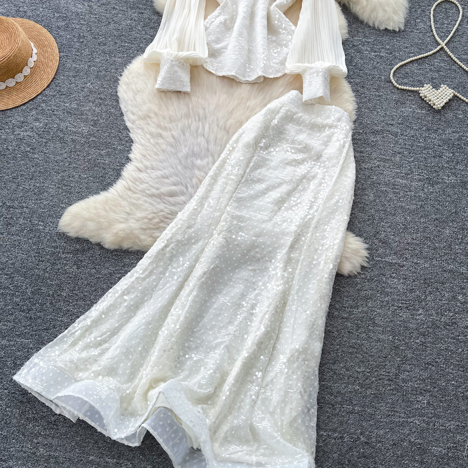 Women's French Style Sequined Mesh Pleated Two Piece Set With Fitted Waist Elegant Sophisticated Look For Spring Autumn_ecoleips.com