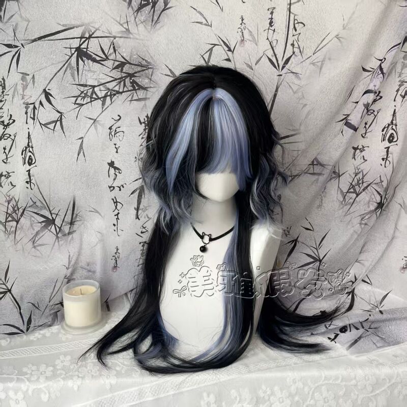 Unisex Wig, New Chinese Style, Blue Highlights, Jellyfish-Style Long Straight Hair, High-Density Natural Realistic Hair, Full Head Wig Unisex Wig, New Chinese Style, Blue Highlights, Jellyfish-Style Long Straight Hair, High-Density Natural Realistic Hair, Full Head Wig