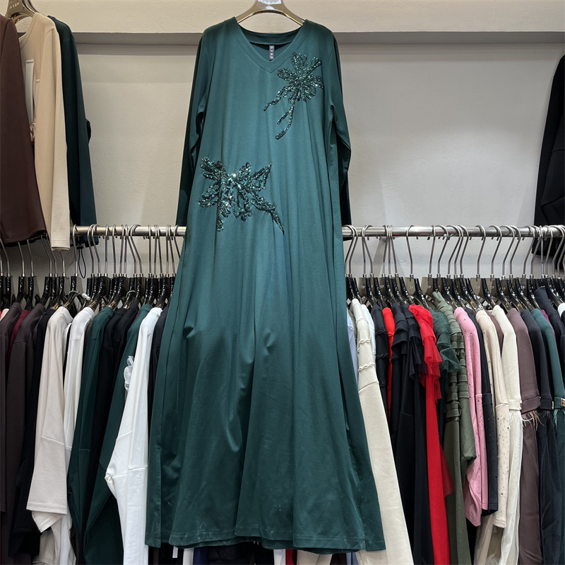 Extra Long Over-The-Knee Dress for Women, Heavy Sequin Splicing Design, Long-Sleeved V Neck Autum New Trendy Long Dress