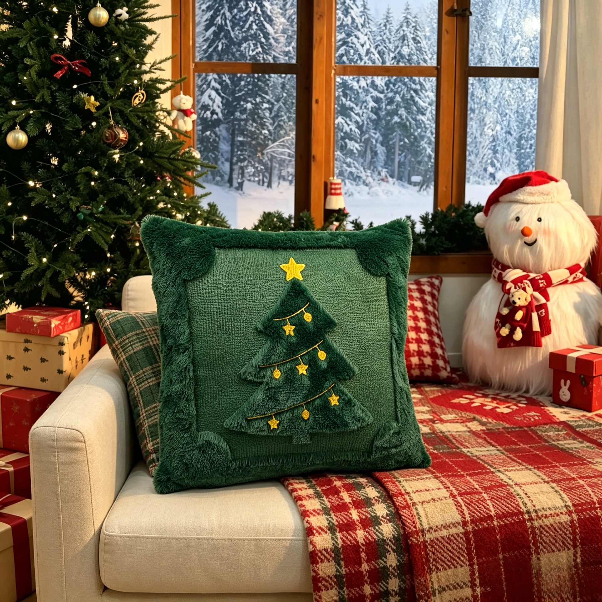 Amazon Weihnachts-Kissenbezug gesteppt kreativ Feiertagsatmosphäre Plüsch-Dekokissen Wohnzimmer Sofa Schlafzimmer Rückenkissen