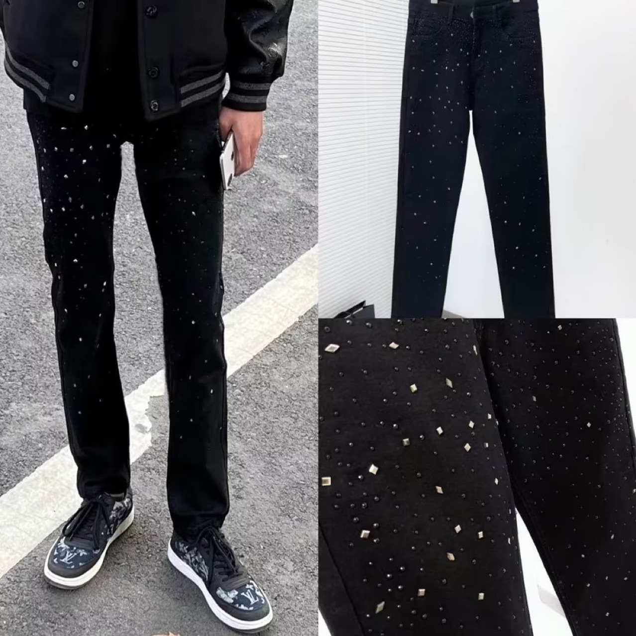 黑色烫钻满天星牛仔裤子男潮网红同款百搭潮牌设计感小众休闲长裤