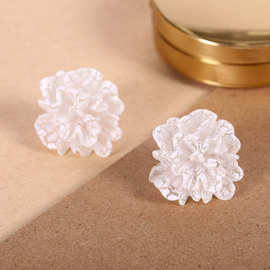 S925冰裂纹山茶花耳钉女轻奢超仙高级感花朵气质耳环时尚白色耳饰