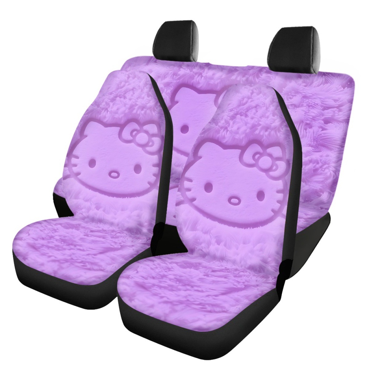 Custom-made car seat covers for independent online stores, featuring a coffee-colored leopard print and a Kitty cat design, to protect both the front and rear seats