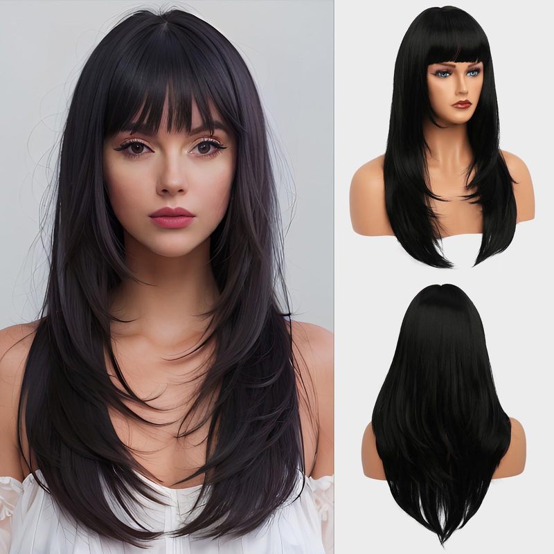 ヨーロッパとアメリカのクロスボーダーゴールデンロングヘアウィッグ女性のための前髪ストレートヘアレイヤードウィッグフルヘアスタイル化学繊維スポット卸売|undefined