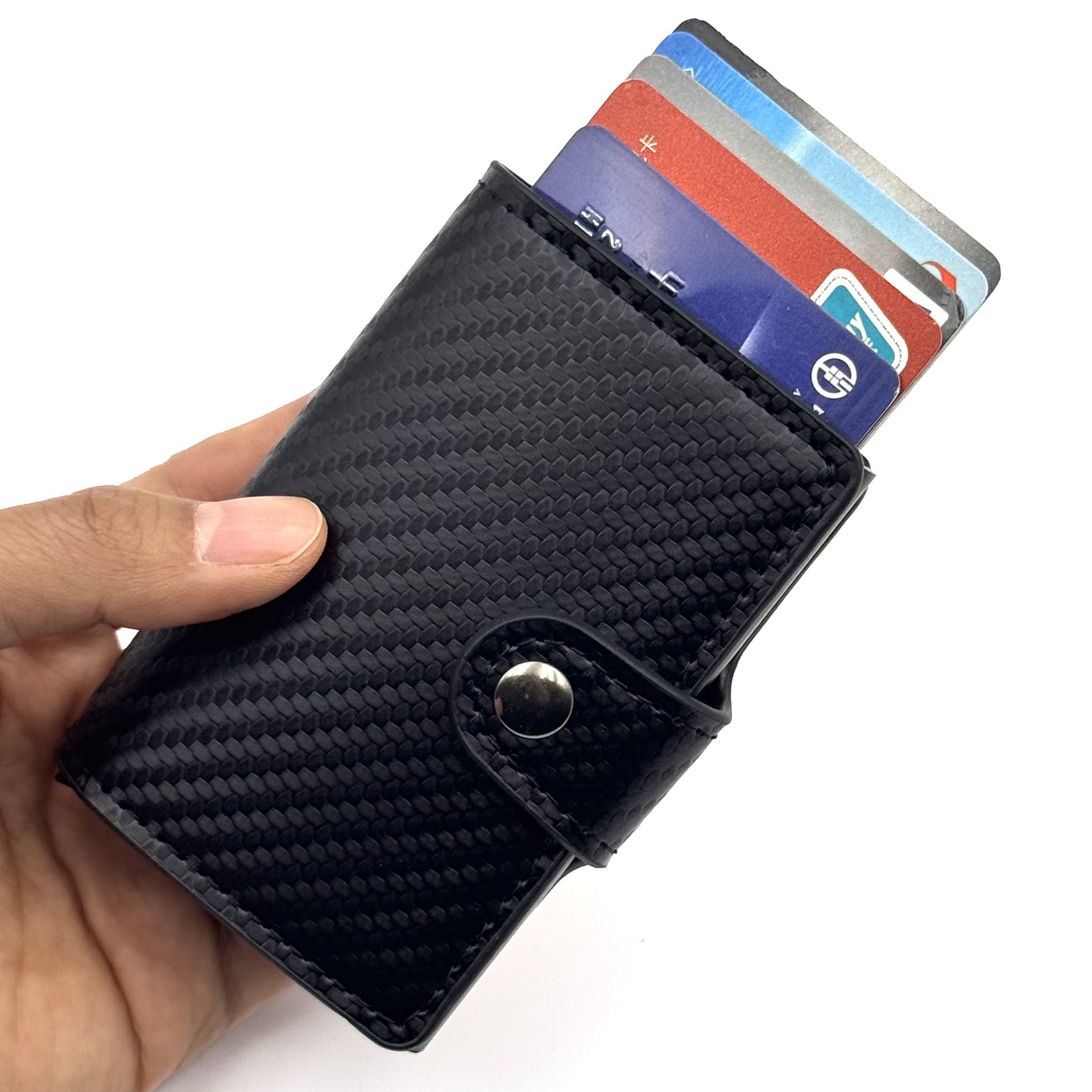 Cross-Border Wholesale Men's Card Holder European and American Anti-Theft Anti-Magnetic Carbon Fiber Rfid Aluminum Alloy Buckle Card Holder Automatic Card Ejection