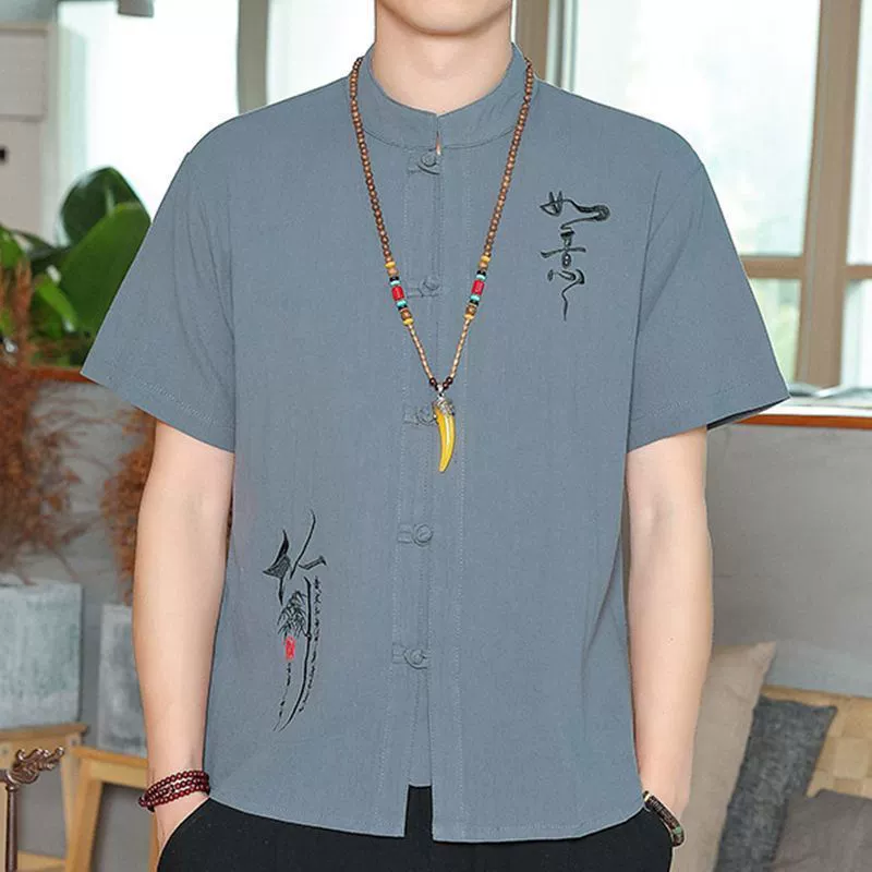 Tang костюм мужской пятиочковый рукав, хлопчатобумажная футболка с короткими рукавами, ретро средний рукав, тонкая свободная рубашка, вышивочный воротник