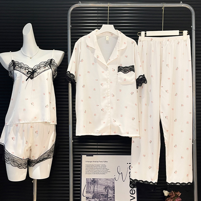 Girly Printed Pajamas, Silk Four-Piece Set, Women's Suspender Shorts, Summer Cool Long-Sleeved Pants, Sweet Home Clothes