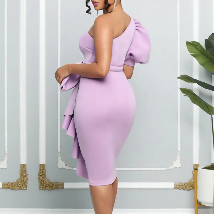 New Diagonal Shoulder Bubble Sleeve Hip Wrap Sexy Dress