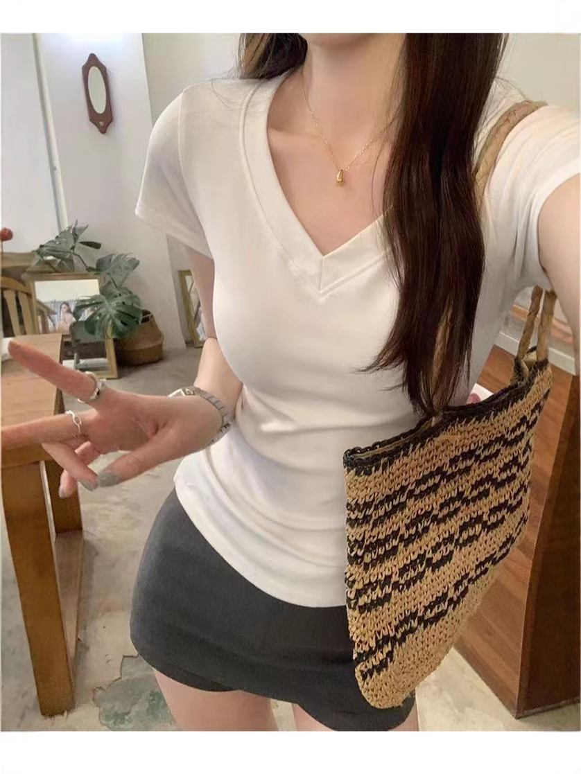 Yizhixin 어깨 티셔츠 여성용 여름 반팔 V 넥 라운드 넥 두꺼운 슬림 핏 타이트 허리 디자인 아메리칸 스타일 핫 걸 탑