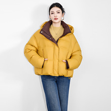 2515601-90白鸭绒双拉链设计短款面包服连帽外套女冬款宽松羽绒服