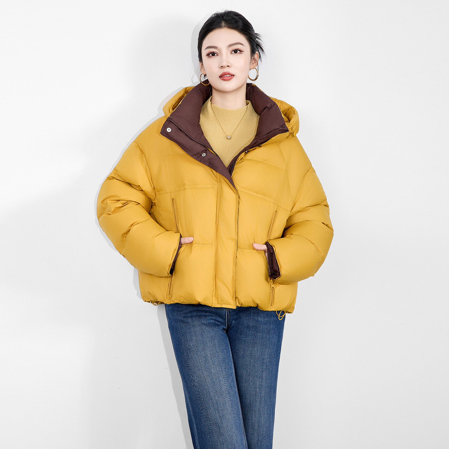 2515601-90白鸭绒双拉链设计短款面包服连帽外套女冬款宽松羽绒服