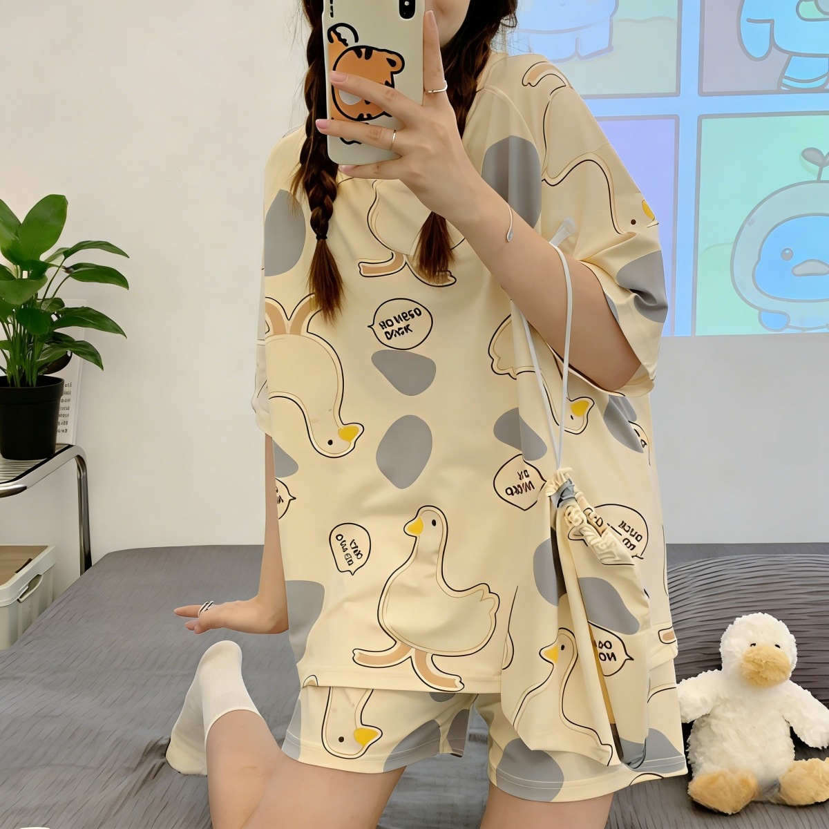韩系睡衣女夏季薄款短袖卡通少女透气夏天宽松睡衣女士外穿家居服