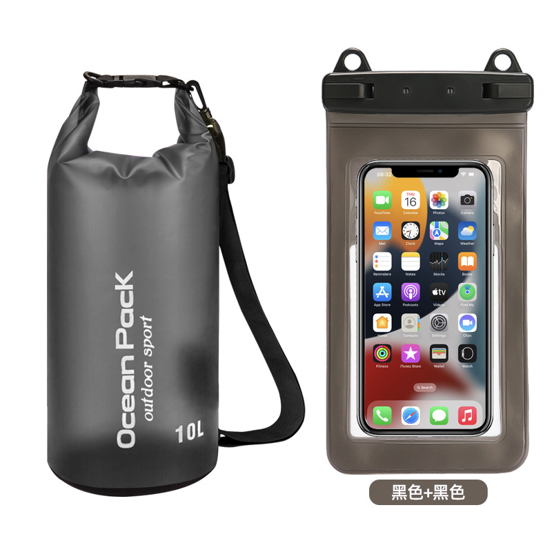 PVC防水桶+双挂钩磨砂半透PVC手机袋=黑色+黑色组合款