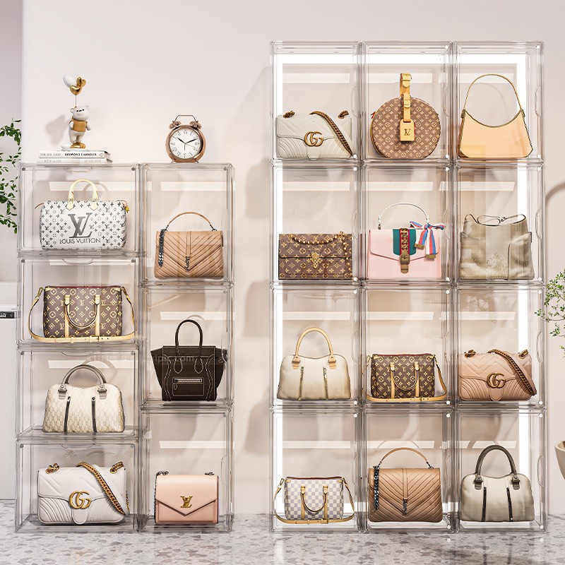 Home living room bag storage box dustproof organization figure display stand magnetic transparent shoe box showcase