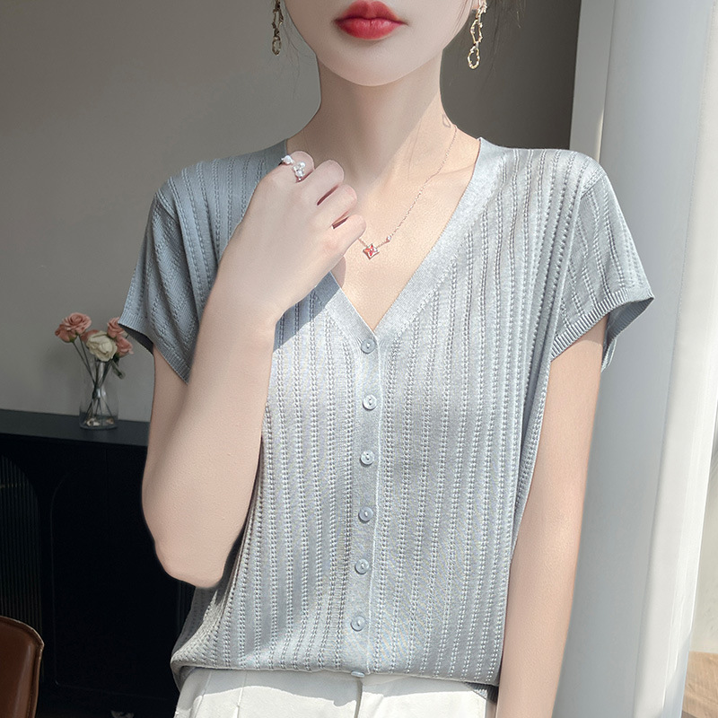 Summer Lyocell Tencel Knitted Short-Sleeved Women's T-Shirt V Neck Versatile Slimming Look Pure Color Top Bottoming Shirt with Cardigan
