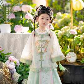 汉服女童春秋装宝宝中国风绿色长衫套装小女孩清汉女古装儿童唐装