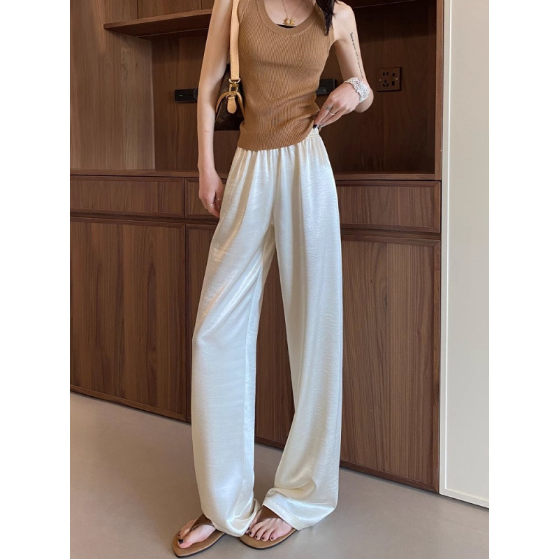 女性用ホワイトワイドレッグパンツ、ハイウエストサマーサテンアセテートカジュアルストレートパンツ、薄いアイスシルククールクラウドロングパンツ|undefined